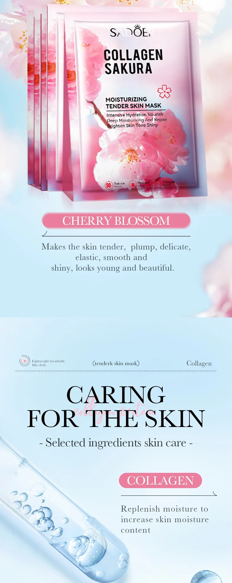 5pcs SADOER Sakura Korean Skincare Face Mask – Moisturizing, Brightening &amp; Firming Collagen Sheet Masks