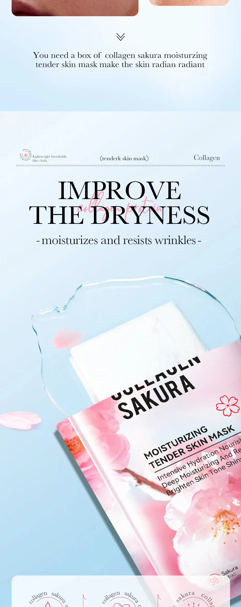 5pcs SADOER Sakura Korean Skincare Face Mask – Moisturizing, Brightening &amp; Firming Collagen Sheet Masks