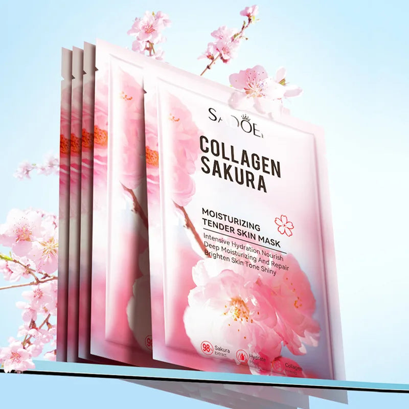 5pcs SADOER Sakura Korean Skincare Face Mask – Moisturizing, Brightening &amp; Firming Collagen Sheet Masks