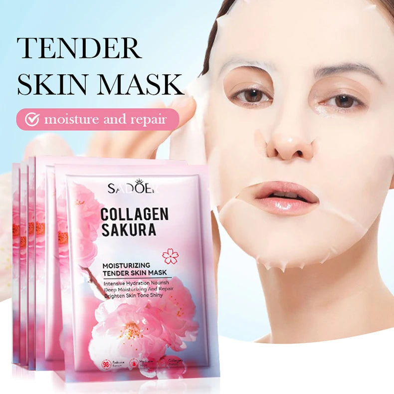 5pcs SADOER Sakura Korean Skincare Face Mask – Moisturizing, Brightening &amp; Firming Collagen Sheet Masks