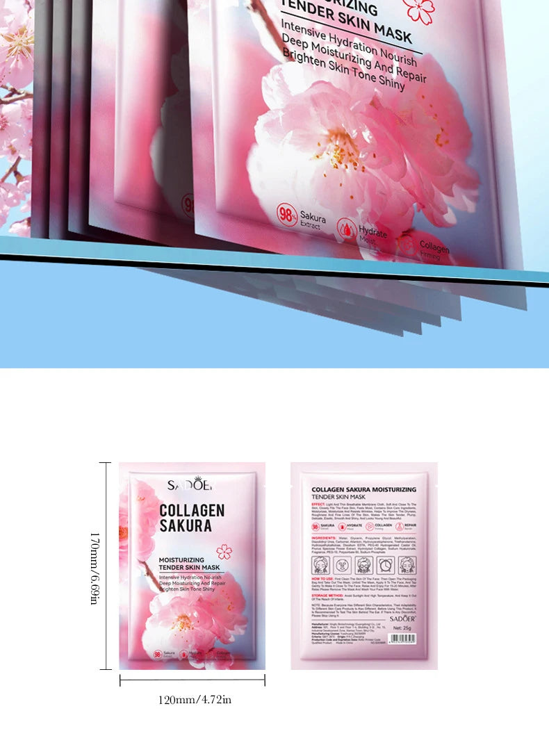 5pcs SADOER Sakura Korean Skincare Face Mask – Moisturizing, Brightening &amp; Firming Collagen Sheet Masks