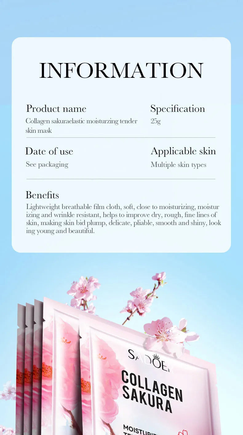 5pcs SADOER Sakura Korean Skincare Face Mask – Moisturizing, Brightening &amp; Firming Collagen Sheet Masks